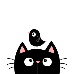 Black cat kitten face head looking at funny bird. Cute cartoon character. Kawaii baby pet animal. Scandinavian style. Notebook cover, tshirt, greeting card print. Flat design. White background.