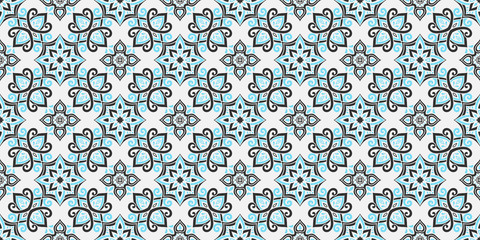 Azulejos ceramic tile design. Talavera tracery motif. Unique creative endless fill swatch. Portuguese, Spanish, Mexican, Brazilian folklore ornament. Ethnic style vector hand drawn seamless pattern.