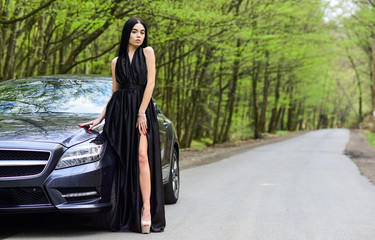 Fototapeta premium Summer vacation. Traveling and journey. Leisure and pleasure travel. Sexy style of trendy woman. Travel and vacation. Road trip. Travel girl. Transport and transportation. Road travel. copy space