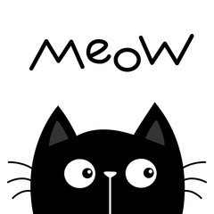 Black kitten cat head face looking. Meow text. Kawaii baby pet animal. Cute cartoon character. Scandinavian style. Notebook cover, tshirt, greeting card print. Flat design. White background.