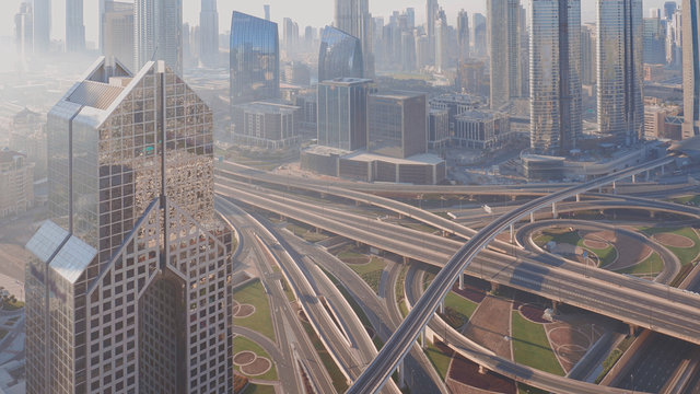 Aerial View Of Empty Highway Interchange In Dubai Downtown.