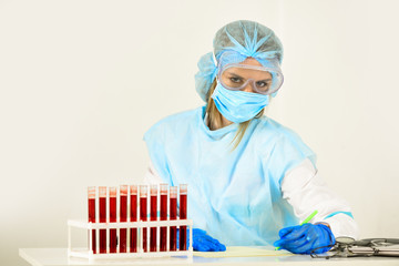 scientist chemist. coronavirus pandemic outbreak. healthcare and medicine. woman with test tubes in...