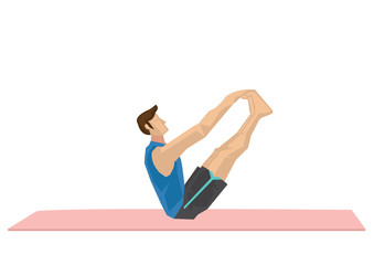 Illustration of a strong man practicing yoga with a double hold toe pose.