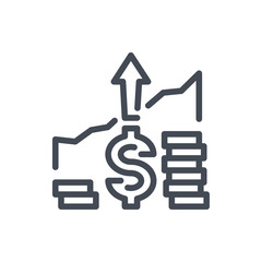Price increase with Dollar, Arrow up and Stack of coins line icon. Financial growth vector outline sign.