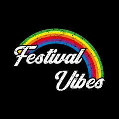 Festival Vibes text on black background with a rainbow and retro texture