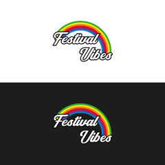 Festival Vibes text with a rainbow on both black and white background