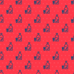 Blue line Vodka with pepper and glass icon isolated seamless pattern on red background. Ukrainian national alcohol. Vector Illustration