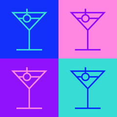 Pop art line Martini glass icon isolated on color background. Cocktail icon. Wine glass icon. Vector Illustration