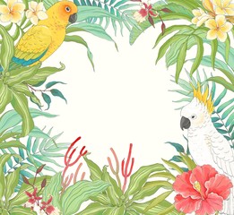 Tropical frame with Parrots, flower Hibiscus, Plumeria, Orchid and leaves. Vector illustration in vintage style.