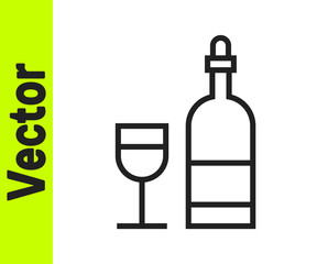 Black line Wine bottle with glass icon isolated on white background. Vector Illustration