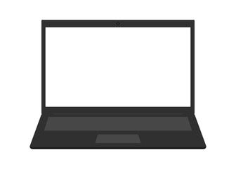 Mockup black laptop with empty space. Computer notebook with empty screen. Blank copy space on modern mobile computer. Open laptop for advertising. Vector illustration isolated on white background