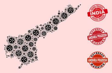 Outbreak combination of flu viral mosaic Andhra Pradesh State map and rubber stamps. Vector red seals with scratched rubber texture and Outbreak Warning caption.