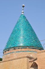 Beyazidi Bistami Tomb is located in Bastam, Iran. The tomb was built in the 9th century. The dome of the tomb, made of bricks, is covered with tiles. A view from the dome of the tomb.