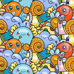 Kawaii seamless pattern doodle monsters,cute and fun variety of colors animals