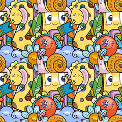 Kawaii seamless pattern doodle monsters,cute and fun variety of colors animals