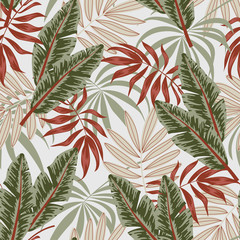 Summer seamless tropical pattern with leaves and plants on light background. Floral tropical pattern with leaves, jungle leaf. Exotic wallpaper, Hawaiian style. Vector background for various surface.