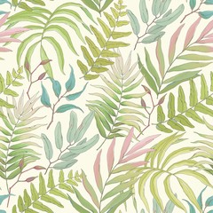 Fototapeta na wymiar Seamless floral pattern with tropical leaves and branches, vector illustration on beige background.