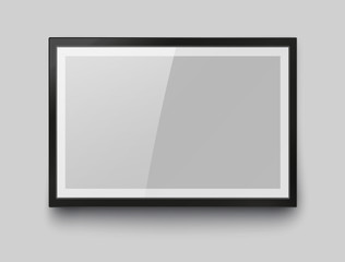 Frame mockup template isolated on gray wall background. Realistic blank horizontal picture or photograph border. Vector glass black photoframe for interior artwork design.