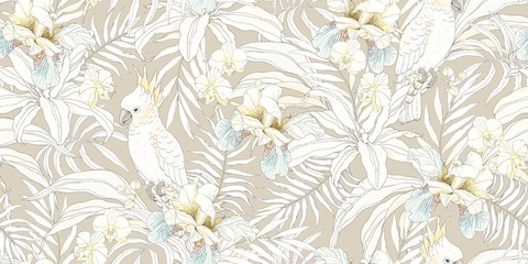 Parrot Cockatoo with flowers Orchid, Fleur de lis and leaves. Vector seamless pattern, tropical illustration in vintage style on beige background.