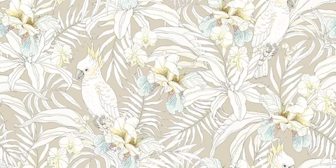 Papier peint Perroquet Cacatoès perroquet avec fleurs orchidée, fleur de lis et feuilles. Modèle sans couture de vecteur, illustration tropicale dans un style vintage sur fond beige.
