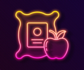 Glowing neon line Apple in the sack icon isolated on black background. Apples in a canvas bag. Farmers market. Vector Illustration