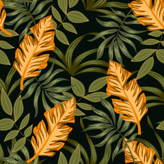 Tropical seamless pattern with green plants and leaves on a dark background. Vector background for various surface. Exotic wallpaper, Hawaiian style. Jungle leaves.
