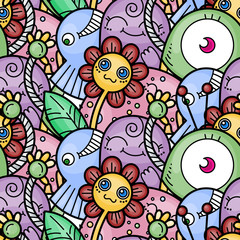 Kawaii seamless pattern of friendly doodle monsters,cute and fun variety of colors animals
