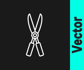 White line Gardening handmade scissors for trimming icon isolated on black background. Pruning shears with wooden handles. Vector Illustration