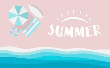 Summer logo on pink beach with sea waves, vector flat illustration, summer banner background