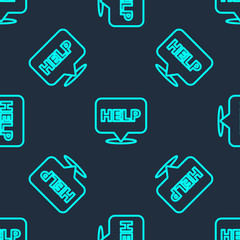 Green line Speech bubble with text Help icon isolated seamless pattern on blue background. Vector Illustration