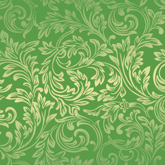 Fototapeta premium Golden shiny green seamless background from the leaves. Ancient damask ornament. Elegant Wallpaper, fabric, packaging in vector