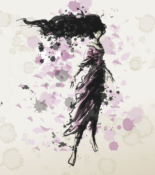 chinese ink style lady woman in the wind