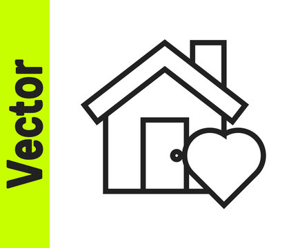 Black line House with heart shape icon isolated on white background. Love home symbol. Family, real estate and realty. Vector Illustration