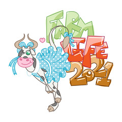 Fototapeta premium Happy dancing pin-up cartoon smiling cow in cute dotted dress