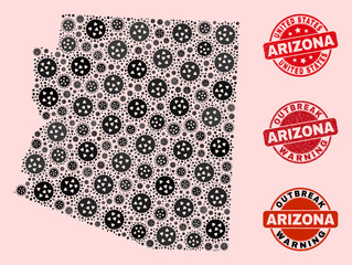 Outbreak collage of flu viral mosaic Arizona State map and unclean seals. Vector red seals with distress rubber texture and Outbreak Warning caption. Mosaic Arizona State map designed with flu virus,