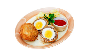 Meat balls stuffed with eggs  isolated on white,  food menu 