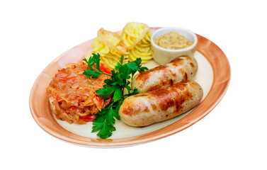 Bavarian sausages on wooden desk, isolated on white, food menu 