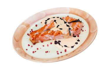 grilled salmon with cheese, plate isolated on white,  food menu 