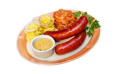 Bavarian sausages on wooden desk, isolated on white, food menu 