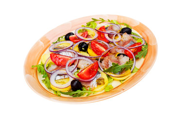 green salad with fish  isolated on white, food menu 