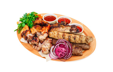 grilled meat  with vegetables,  meat plate BBQ  isolated on white, food menu 