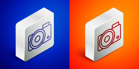 Isometric line Photo camera icon isolated on blue and orange background. Foto camera icon. Silver square button. Vector Illustration
