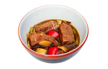 Beef in dark sauce isolated on white,  food menu 