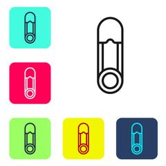 Black line Classic closed steel safety pin icon isolated on white background. Set icons in color square buttons. Vector Illustration