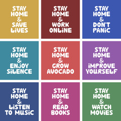 Fototapeta premium Colorful banner collection quotes about home activities during quarantine. Stay home and save lives, work online, don't panic, enjoy silence, read books, watch movies. Vector stock illustration.