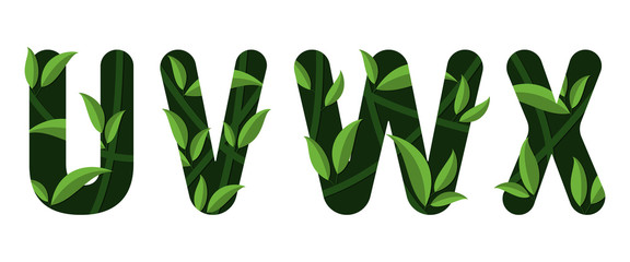 Letters U V W X of the alphabet. Leaf design. © Christina