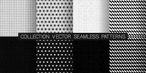 Black and White Geometric Seamless Patterns backgrounds. Modern Backgrounds in Chevron, Polka Dot, Diamond, Checkerboard, Stars, Triangles, Herringbone and Stripes Patterns. Vector illustration.