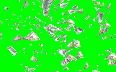 Flying dollars banknotes isolated on chromakey. Money is flying in the air. 100 US banknotes new sample. 3D illustration