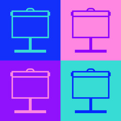 Pop art line Projection screen icon isolated on color background. Business presentation visual content like slides, infographics and video. Vector Illustration