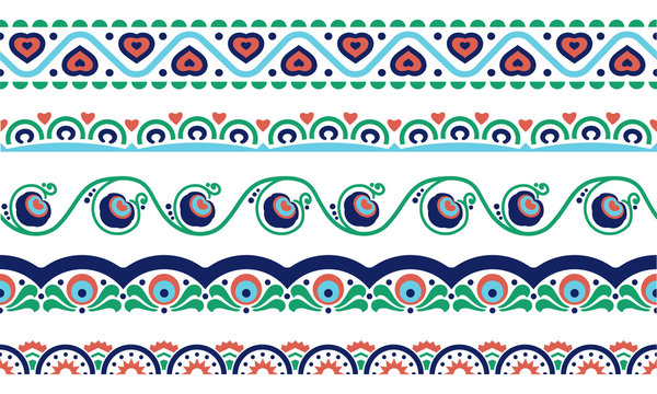 Ethnic borders set with flower, heart, geometric symbols
